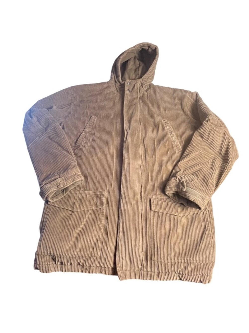 VTG Animal Corduroy Parka Jacket Womens M Tan Hooded thick Zip 90’s Y2K unisex